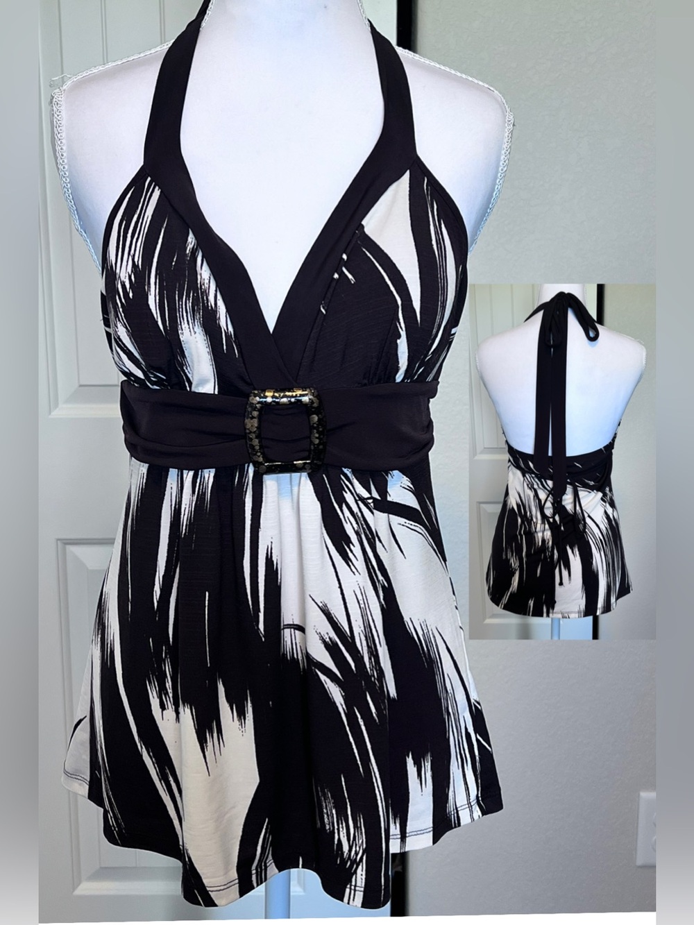Y2K Brown & White Tie Halter Tie Belted Top Sz Medium